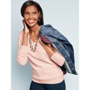 Talbot V-Neck Sweater Ribbed Center Stripe Pastel Pink Petite Large